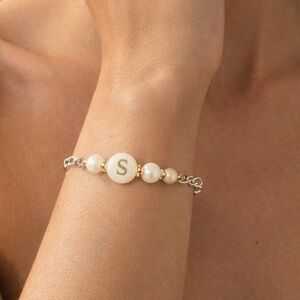 NEW INITIAL S LETTER S STERLING SILVER PEARLS Pearl Bracelet with Silver Accents